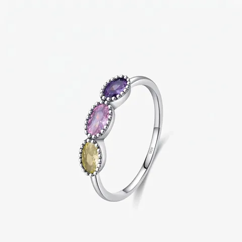 S925 Sterling Silver Vintage Three Stone Ring For Women Geometric Multicolor Zirconia Inlaid Fine Jewelry Anniversary Gift