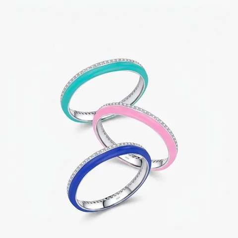 Anello in Argento Sterling 925 Minimalista Smaltato Colorato per Donna Zirconia Pavé Fascia Geometrica Sovrapponibile Gioielli