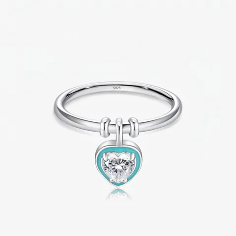 925 Sterlingsilber Minzgrün Emaille Herz Anhänger Ring Herzförmiger Zirkonia Mode Ring Für Damen Schmuck Geschenk