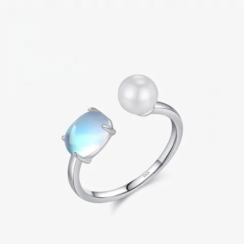S925 Sterling Silver Open Adjustable Ring For Women Elegant Geometric Artificial Pearl Moonstone Inlaid Finger Ring Jewelry