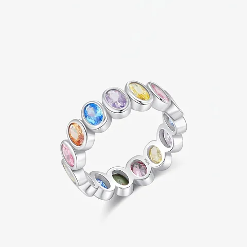 Anello Eternity in Argento Sterling 925 Con Zirconia Ovale Multicolore per Donna Elegante Rainbow Gemma Eternity Band Gioielli
