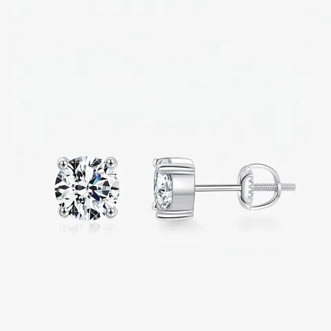 Pendientes de Botón de Plata de Ley 925 Clásicos con Moissanita Talla Brillante Cuatro Garras Color D VVS1 Joyería Mujer