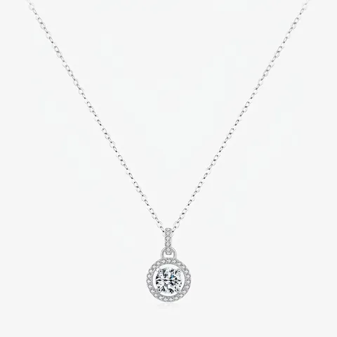 925 Sterling Silver 1ct D Color Moissanite Pendant Necklace For Women Round Brilliant Cut Sparkling Solitaire Halo Fine Jewelry