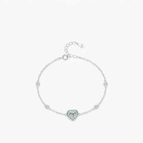Bracciale a Cuore in Argento Sterling 925 per Donna Smalto Verde Menta Zirconia Intarsiato Catena Regolabile Gioielli