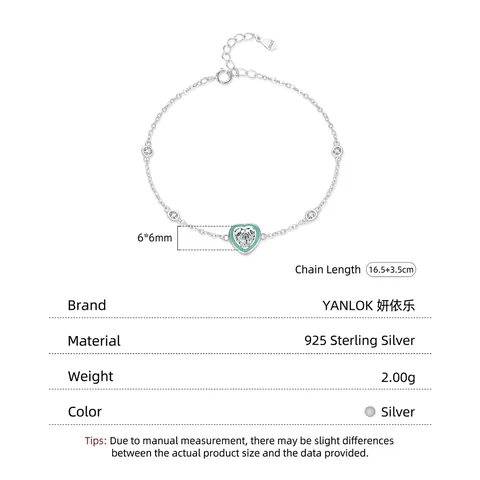 Bracciale a Cuore in Argento Sterling 925 per Donna Smalto Verde Menta Zirconia Intarsiato Catena Regolabile Gioielli