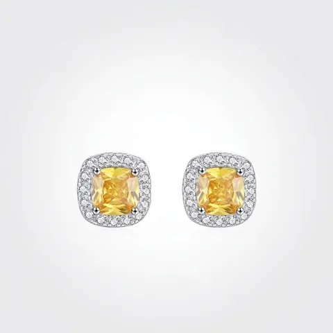 Pendientes de Botón de Plata de Ley 925 con Circonia Amarilla Corte Cojín para Mujer Elegantes Joyas de Halo Geométrico