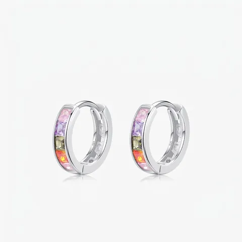 Pendientes de Aro Huggie de Plata de Ley 925 con Circonia Arcoíris Circonita de Colores Corte Cuadrado Incrustada Joyería Minimalista Regalo Mujer