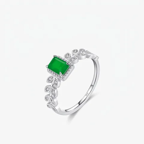 Luxus Smaragdschliff Grün Zirkonia Blatt Ring 925 Sterlingsilber Mikro Eingelegt Blatt Design Retro Mode Schmuck Fingerring Für Damen