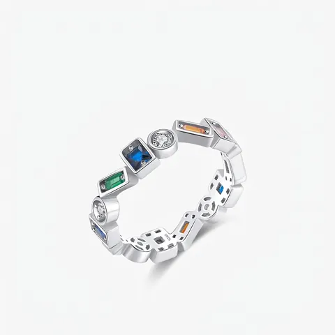 925 Sterling Silver Colorful Zirconia Ring Women Vintage Geometric Square Round Cut Finger Ring Minimalist Fine Jewelry