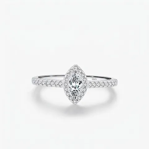 Lussuoso Anello Halo con Zirconia Taglio Marquise in Argento Sterling 925 Fascia Pavé Incastonata a Mano Gioielli Matrimonio Donna