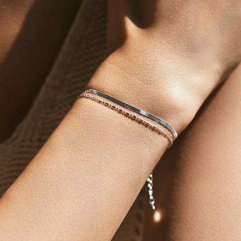 Bracciale a Strati in Argento Sterling S925 per Donna Catena a Serpente Piatta Minimalista Regolabile Doppio Strato Gioielli