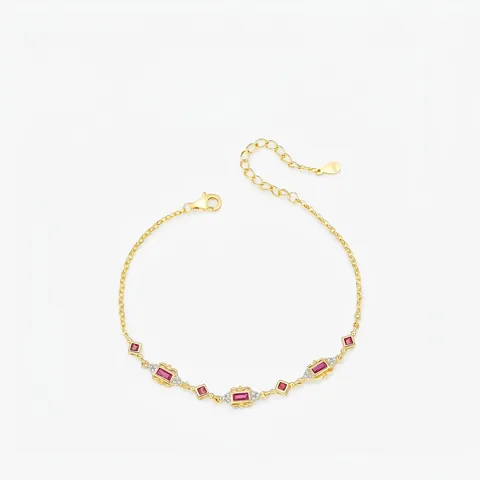Elegant 925 Sterling Silver Bracelet For Women Gold Plated Geometric Red Zirconia Retro Inlaid Rhinestone Adjustable Chain Fine Jewelry Gift