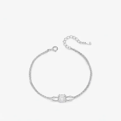 Bracciale a Doppio Strato in Argento Sterling 925 per Donna Zirconia Quadrata Geometrica Intarsiata Catena Regolabile Gioielli Minimalisti