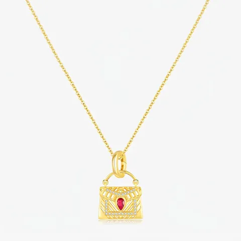 Handbag Pendant Necklace 925 Sterling Silver Gold Plated Red Rhinestone Inlaid French Style Elegant Jewelry Gift For Women