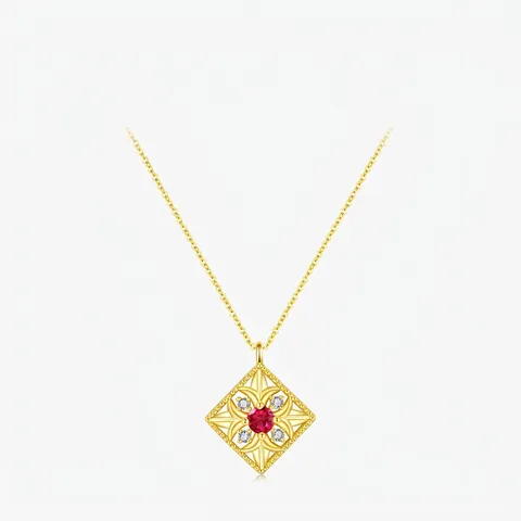 Collana con Pendente Quadrato Svuotato in Argento Sterling 925 Vintage Placcato Oro con Strass Rossi e Bianchi Intarsiati per Donna