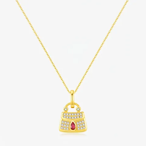 French Vintage S925 Sterling Silver Pendant Necklace For Women Bag Shape With Zirconia Water Drop Gold Plated Fine Jewelry