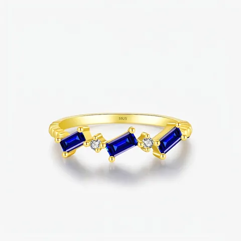 925 Sterling Silver Gold Plated Geometric Ring Women Blue Baguette Zirconia Inlaid Vintage Luxury Fashion Jewelry Gift