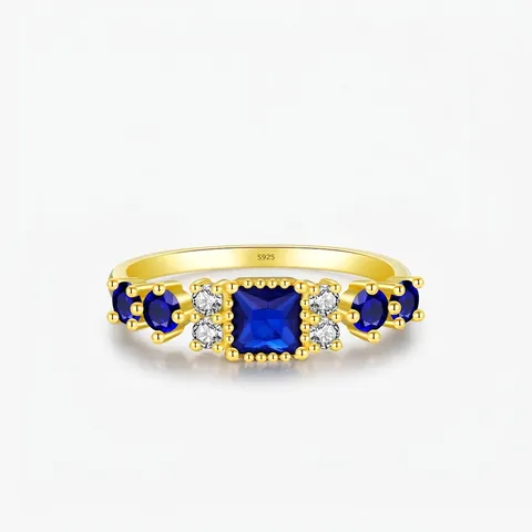 Anello in Argento Sterling 925 Vintage per Donna Placcato Oro Zirconia Blu Quadrata Intarsiata Strass di Lusso Gioielli alla Moda
