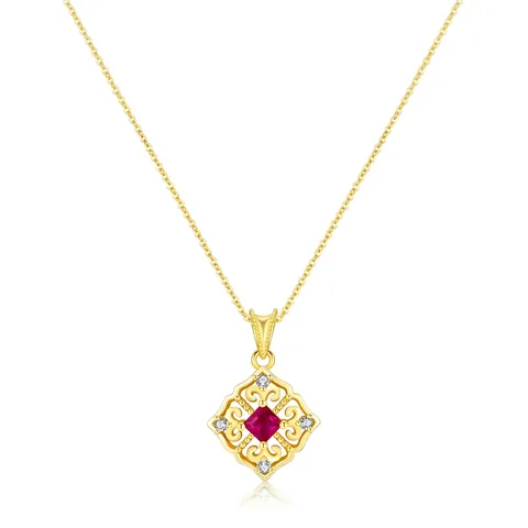 Collana con Ciondolo in Argento Sterling 925 Zirconia Rossa Vintage Quadrato Traforato Stile Palazzo Gioielli Donna