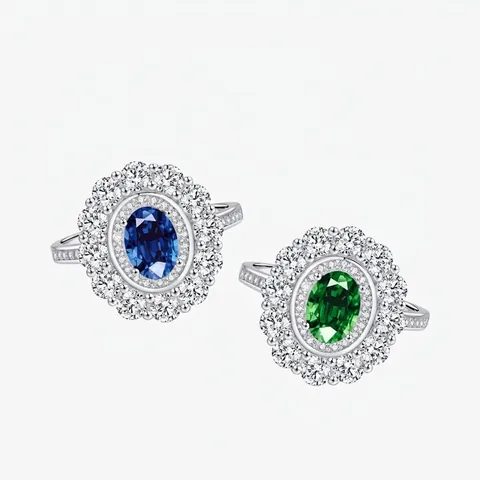 Anello Halo in Argento Sterling 925 Vintage Francese Lussuoso Con Zaffiro Smeraldo Ovale Zirconia per Donna Gioielli di Moda