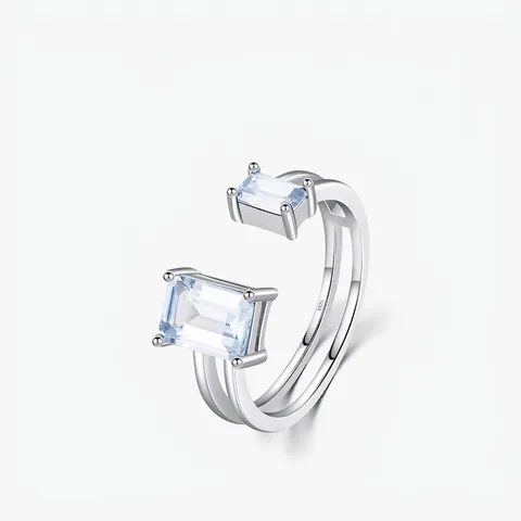 Eleganter 925 Sterlingsilber Offener Verstellbarer Ring Für Damen Mit Rechteckigem Hellblauem Strass Doppelschicht Design Schmuck