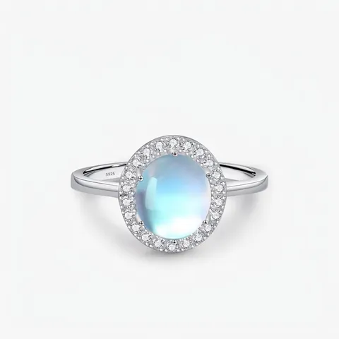 Anillo de Plata de Ley S925 Con Piedra de Luna para Mujer Anillo Halo de Piedra de Luna Azul Ovalada Con Rhinestones