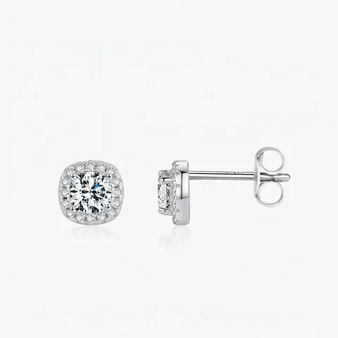 Pendientes de Botón Halo de Plata de Ley 925 Moissanita Color D Cuadrados Geométricos Incrustados Strass Joyería Mujer
