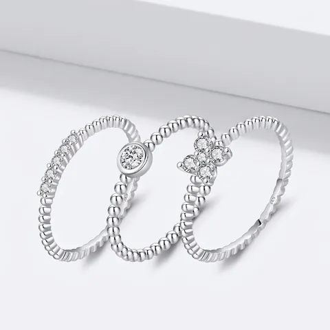 925 Sterling Silver Moissanite Ring For Women D Color VVS1 Brilliant Cut Round Stone Beaded Band Stackable Clover Ring Jewelry