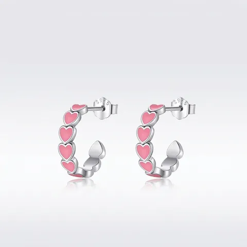 Orecchini a Lobo a Forma di C in Argento Sterling 925 con Cuore Rosa Smaltato per Donna Orecchini a Cerchio Cuore Argento