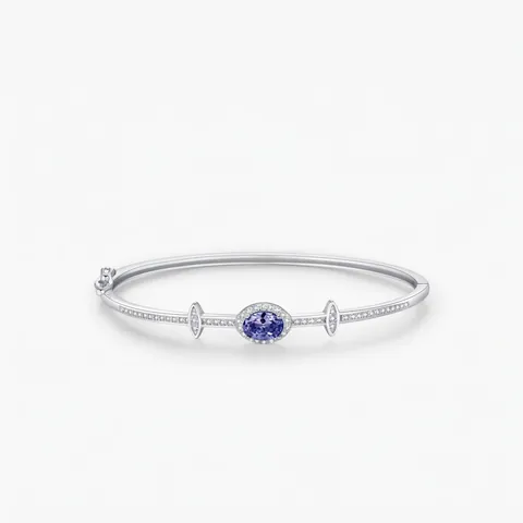 S925 Sterlingsilber Funkelnder Zirkonia Armreif Für Damen Eleganter Ovaler Blauer Stein Eingelegt Luxus Mode Handschmuck