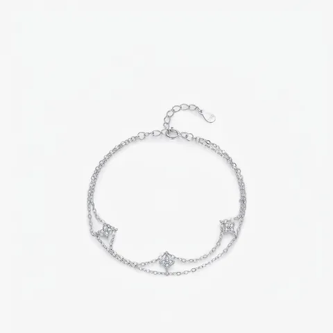 Luxus 925 Sterlingsilber Doppelschichtiges Kleeblatt Armband Für Damen Elegant Stern Anhänger Strass Schmuck Geschenk