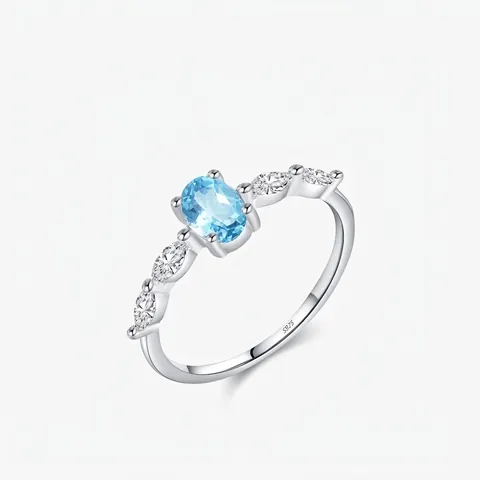 Anillo de Plata de Ley S925 Cristal Ovalado Azul Claro para Mujer Elegante Circonia Incrustada Joyería de Moda