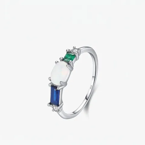 925 Sterling Silver Vintage Inlaid Opal Ring With Zirconia Geometric Oval Quadrilateral Multicolor Gemstone Ring Jewelry Women
