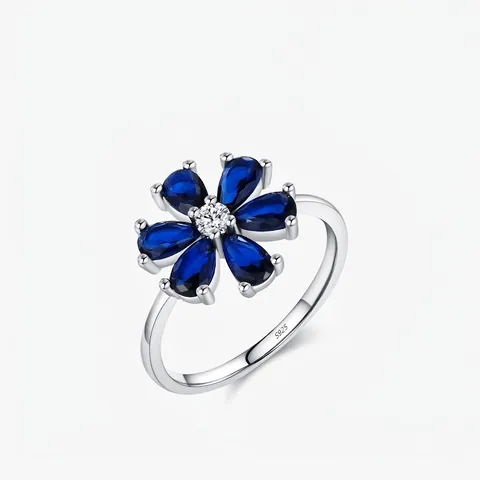 Anillo de Flor Azul de Plata de Ley 925 para Mujer Circonia Incrustada Elegante Anillo de Dedo con Pétalos de Gota Joyería de Regalo