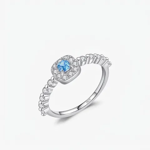 925 Sterling Silver Ring For Women Luxury Square Blue Gemstone Halo Rhinestone Inlaid Geometric Fashion Jewelry Finger Ring
