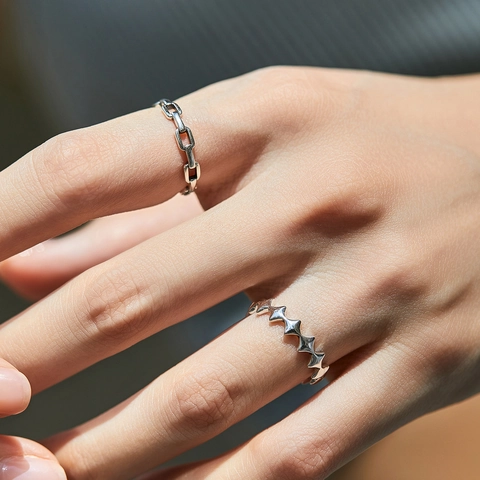 Anello a Maglie di Catena Minimalista in Argento Sterling S925 per Donna Anello a Stella Geometrico Invecchiato Gioielli