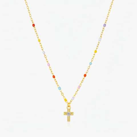 Collar con Colgante de Cruz de Plata de Ley 925 para Mujer Bañado en Oro Cuentas de Colores Circonia Joyería de Moda Cadena de Clavícula