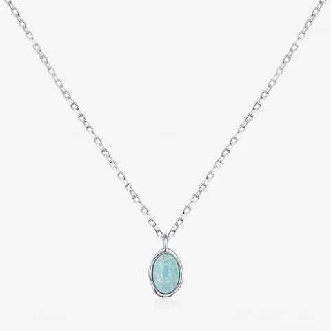 Collier en Argent Sterling 925 Avec Opale Pour Femme Chaîne de Clavicule Ondulée Minimaliste Pendentif en Opale Bleue