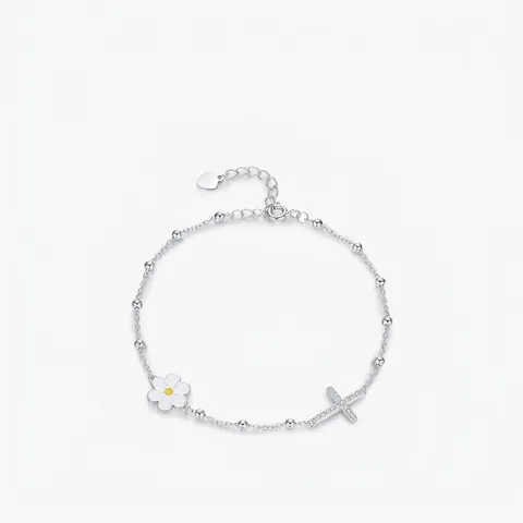 Pulsera de Cruz de Margarita de Plata de Ley 925 para Mujer Diamante de Imitación Esmalte Blanco Flor Dije Cadena de Bolas Joyería