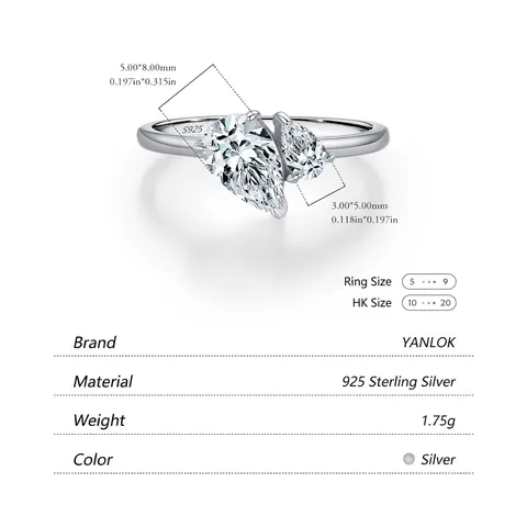925 Sterling Silver Double Pear Cut Zirconia Ring For Women Minimalist Water Drop Inlaid Band Fashion Toi Et Moi Jewelry Gift