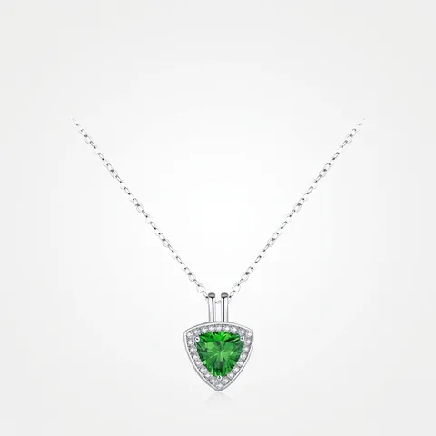 925 Sterling Silver Geometric Triangle Emerald Green Faux Gemstone Pendant Necklace Rhinestone Inlaid Vintage Jewelry For Women