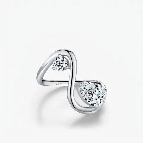 Anello in Argento Sterling S925 con Linee Irregolari per Donna Design Unico Strass Pera Taglio Rotondo Anello Geometrico Indice