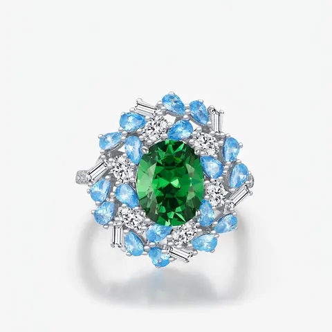 925 Sterling Silver Emerald Green Zirconia Ring Vintage Palace Style Flower Cluster Wedding Jewelry For Women