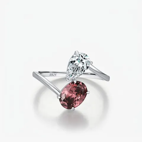 S925 Sterling Silver Double Stone Ring Pear Shaped Oval Purple Clear Zirconia British Vintage Style Jewelry For Women
