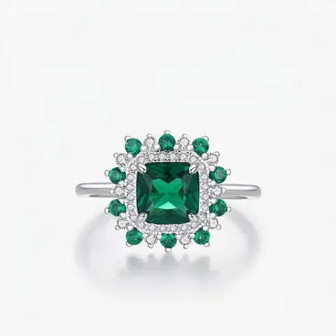 Bague Cocktail Halo en Argent Sterling 925 avec Zirconia Vert Taille Émeraude Vintage pour Femme Bijoux de Luxe Fleur