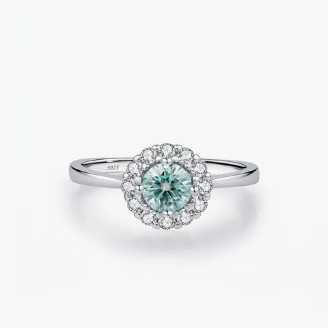 Anello Halo in Argento Sterling S925 Moissanite Verde Bluastro per Donna Taglio Brillante Rotondo Zirconia Intarsiata Elegante Anello di Gioielli di Moda Regalo Con Certificato GRA