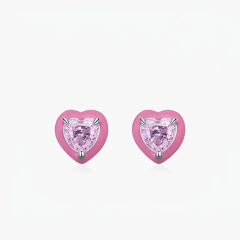 Boucles d'Oreilles Clous en Argent Sterling 925 Coeur Rose Zirconia Bijoux de Mode Douce pour Femmes Boucles d'Oreilles Forme Coeur