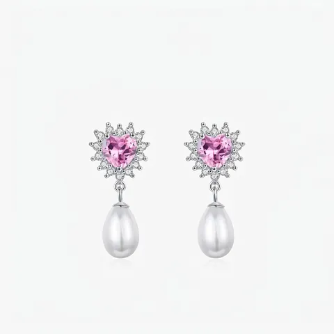 Pendientes Largos de Plata de Ley 925 Princesa Corazón Circonia Rosa Perla Artificial Gota Joyería Elegante para Mujer