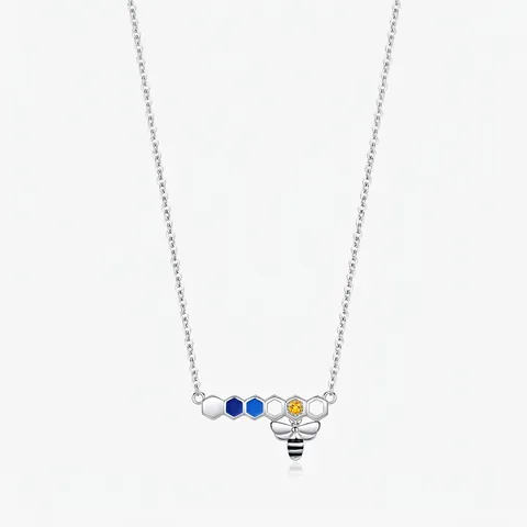 Collana con Ciondolo in Argento Sterling 925 Ape e Favo per Donna Carino Animale Intarsiato con Zirconia Smalto Blu Gioielli