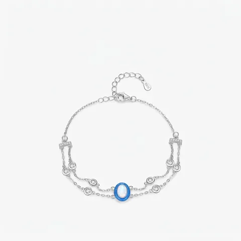 Pulsera Multicapa de Plata de Ley 925 para Mujer Esmalte Azul Opalo Sintético Ovalado Diamante de Imitación Ajustable Joyería